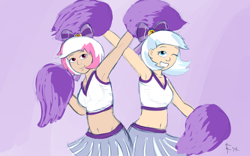 Size: 1920x1200 | Tagged: safe, artist:aa, derpibooru import, lilac sky, spring step, sunlight spring, human, rainbow falls, armpits, background pony, belly button, bow, cheerleader, clothes, humanized, light skin, midriff, pom pom, skirt, tanktop, wink