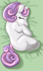 Size: 1500x2500 | Tagged: safe, artist:melinda chovexani, derpibooru import, sweetie belle, cute, diasweetes, eyes closed, foal, on side, sleeping, solo, younger