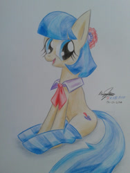 Size: 774x1032 | Tagged: safe, artist:brab777, derpibooru import, coco pommel, rarity takes manehattan, clothes, socks, solo, striped socks, traditional art