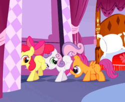 Size: 660x540 | Tagged: safe, derpibooru import, screencap, apple bloom, scootaloo, sweetie belle, the cutie mark chronicles, animated, cropped, cutie mark crusaders, door, pushing, rump push, train