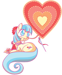 Size: 600x726 | Tagged: safe, artist:xkappax, coco pommel, earth pony, pony, female, heart, mare, mouth hold, needle, rainbow thread, sewing, solo, thread