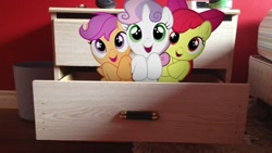 Size: 1920x1080 | Tagged: safe, artist:mr-kennedy92, derpibooru import, apple bloom, scootaloo, sweetie belle, bed, clock, cutie mark crusaders, dresser, irl, photo, ponies in real life, trash can, vector