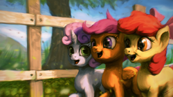 Size: 1920x1080 | Tagged: safe, artist:assasinmonkey, derpibooru import, apple bloom, scootaloo, sweetie belle, cutie mark crusaders, open mouth, smiling