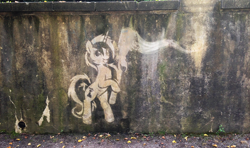 Size: 3264x1929 | Tagged: safe, artist:m99moron, minuette, pony, unicorn, carving, female, graffiti, irl, mare, photo, ponies in real life, reversed, solo, toothbrush