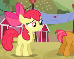 Size: 1080x866 | Tagged: safe, derpibooru import, screencap, apple bloom, babs seed, apple family reunion, lip bite, out of context, plot