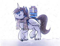 Size: 1024x788 | Tagged: safe, artist:bgn, derpibooru import, oc, oc only, oc:vonce, alicorn, pony, alicorn oc, boxes, clothes, scarf, snow, snowfall, solo, unshorn fetlocks, vonce, winter