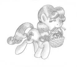 Size: 1024x884 | Tagged: safe, artist:inurantchan, derpibooru import, carrot top, golden harvest, basket, carrot, monochrome, mouth hold, solo, traditional art