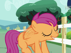Size: 696x514 | Tagged: safe, derpibooru import, screencap, scootaloo, flight to the finish, animated, buzzing wings, excited, fence, fluttering, happy, loop, scootaloo can fly, smiling, solo, wing buzz