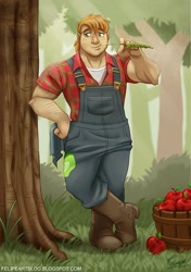 Size: 578x819 | Tagged: safe, artist:felnas, derpibooru import, big macintosh, human, humanized, light skin, male, overalls, solo, straw, tree