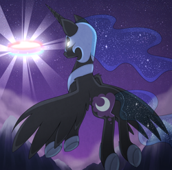 Size: 900x891 | Tagged: safe, artist:stalkerpony, derpibooru import, nightmare moon, fight, flying, magic, scene interpretation, solo