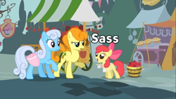 Size: 640x360 | Tagged: safe, screencap, apple bloom, carrot top, golden harvest, linky, shoeshine, call of the cutie, image macro, meme, sassle bloom, sassy