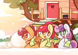 Size: 1400x1000 | Tagged: safe, artist:php56, derpibooru import, apple bloom, scootaloo, sweetie belle, :d, chibi, clothes, clubhouse, crusaders clubhouse, cute, cutie mark crusaders, grin, happy, scarf, shared clothing, shared scarf, smiling, snow, snowfall, winter