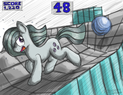 Size: 1100x844 | Tagged: safe, artist:flutterthrash, marble pie, score, ball, marble madness, pun, running, solo, visual pun