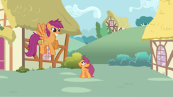 Size: 2000x1129 | Tagged: safe, artist:linkandrutofan, derpibooru import, scootaloo, bush, duality, older, older scootaloo, scootaloo can fly, smiling, time paradox, time travel