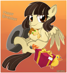 Size: 2100x2300 | Tagged: safe, artist:spookyle, derpibooru import, wild fire, oc, oc only, oc:mandopony, duck, female, happy birthday, male, mandofire, plushie, shipping, solo, straight