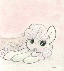 Size: 676x744 | Tagged: safe, artist:slightlyshade, sweetie belle, clothes, cute, diasweetes, mouth hold, socks, solo, traditional art