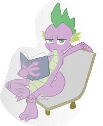 Size: 483x592 | Tagged: safe, artist:mechathefox, derpibooru import, spike, dragon, book, chair, looking at you, older, older spike, sitting, solo, unamused