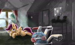 Size: 6614x4000 | Tagged: safe, artist:owlvortex, derpibooru import, scootaloo, flight to the finish, bed, crying, sad, scene interpretation, scootaloo's house, scooter, solo