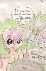 Size: 688x1057 | Tagged: safe, artist:slightlyshade, bon bon, scootaloo, sweetie drops, bipedal, booth, traditional art