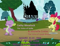 Size: 599x462 | Tagged: safe, apple bloom, spike, dragon, cathy weseluck, grand brony gala, michelle creber