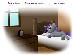 Size: 1200x900 | Tagged: safe, screencap, oc, oc only, pony, unicorn, 3d, alarm clock, bed, comic sans, game, indoors, solo, wat