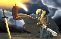 Size: 1224x792 | Tagged: safe, artist:marik azemus34, oc, oc only, oc:black thunder, pegasus, pony, battlefield, cloak, clothes, desert, dream, gladius, male, meteor, necklace