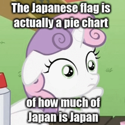 Size: 500x500 | Tagged: safe, derpibooru import, edit, edited screencap, screencap, sweetie belle, pony, unicorn, ponyville confidential, exploitable meme, female, filly, horn, image macro, japan, meme, solo, sudden clarity sweetie belle, text, two toned mane, white coat, wide eyes