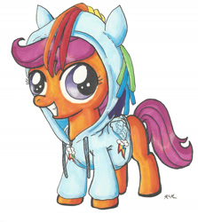 Size: 1266x1422 | Tagged: safe, artist:catscratchpaper, derpibooru import, scootaloo, clothes, hoodie, solo, traditional art