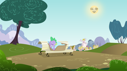 Size: 960x540 | Tagged: safe, artist:mandydax, artist:mlpblueray, artist:queencold, edit, spike, dragon, basket, bench, face, park, ponyville