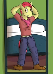 Size: 1280x1769 | Tagged: safe, artist:fuzebox, derpibooru import, apple bloom, applebuck, anthro, plantigrade anthro, bed, boots, clothes, explicit source, older, pants, pose, rule 63, shirt, solo, standing, teenager