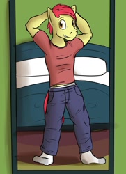 Size: 1280x1769 | Tagged: safe, artist:fuzebox, derpibooru import, apple bloom, applebuck, anthro, plantigrade anthro, bed, clothes, explicit source, missing shoes, older, pants, pose, rule 63, shirt, socks, solo, standing, teenager