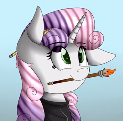 Size: 2069x2033 | Tagged: safe, artist:vanillaghosties, sweetie belle, pony, unicorn, clothes, cute, diasweetes, female, filly, floppy ears, gradient background, hoodie, looking up, mouth hold, paintbrush, pencil, smiling, solo