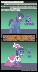 Size: 2000x3771 | Tagged: safe, artist:mlp-silver-quill, derpibooru import, oc, oc only, oc:clutterstep, angry, bow, braid, clothes, comments, crossdressing, dress, glare, gritted teeth, looking at you, metahumor, open mouth, princess, princess hat, solo, wide eyes