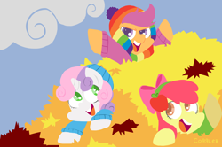 Size: 1900x1261 | Tagged: safe, artist:frog&cog, apple bloom, scootaloo, sweetie belle, autumn, clothes, cutie mark crusaders, earmuffs, hat, jacket, leaves, scarf, sweater