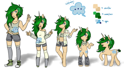 Size: 1024x564 | Tagged: safe, artist:twitchygreyfox, derpibooru import, oc, oc only, oc:splendid sigh, anthro, human, pony, unicorn, anthro chart, anthro with ponies, bipedal, chart, clothes, humanized, line-up, reference sheet, undercut