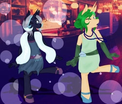 Size: 1280x1084 | Tagged: safe, artist:twitchygreyfox, derpibooru import, oc, oc only, oc:rainbird, oc:splendid sigh, anthro, unicorn, 20s, charleston, clothes, flapper, little-rainbird, roaring 20's