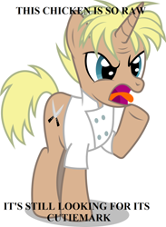 Size: 1100x1500 | Tagged: safe, artist:masem, derpibooru import, edit, idw, chicken, pony, unicorn, caption, gordon ramsay, hell's kitchen, implied scootachicken, male, meme, ponified, solo, stallion