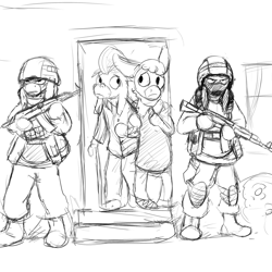 Size: 1500x1500 | Tagged: safe, artist:gordonfreeguy, cranky doodle donkey, matilda, oc, oc:donk, anthro, donkey, ak, ak-47, ak-74, assault rifle, clothes, crankilda, donk, gun, monochrome, rifle, russia, russian, uniform, weapon