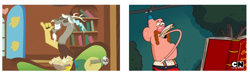 Size: 1000x300 | Tagged: safe, derpibooru import, discord, bibliovore, book, comparison, paper, uncle grandpa