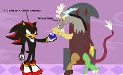 Size: 1024x631 | Tagged: safe, artist:darkmane-iac, derpibooru import, discord, chaos emerald, crossover, shadow the hedgehog, sonic the hedgehog (series)