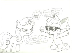 Size: 936x680 | Tagged: artist needed, safe, derpibooru import, apple bloom, sweetie belle, cupcake, monochrome, sunglasses