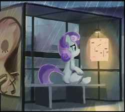 Size: 859x767 | Tagged: safe, artist:gsphere, derpibooru import, sweetie belle, bus stop, city, rain, solo