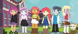 Size: 2004x876 | Tagged: safe, artist:schwarzekatze4, apple bloom, babs seed, dinky hooves, rumble, scootaloo, sweetie belle, oc, oc:ganache, cat, equestria girls, alternate universe, ask the harmony crusaders, equestria girls-ified, harmony-verse, species swap