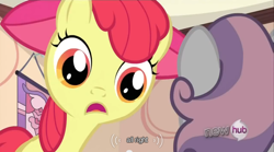 Size: 640x355 | Tagged: safe, derpibooru import, screencap, apple bloom, sweetie belle, meme, youtube caption