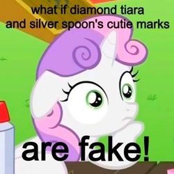 Size: 500x500 | Tagged: safe, diamond tiara, silver spoon, sweetie belle, pony, unicorn, female, filly, horn, image macro, meme, solo, sudden clarity sweetie belle, text, two toned mane, white coat, wide eyes