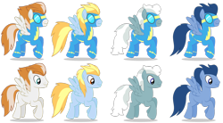 Size: 1600x882 | Tagged: safe, artist:90sigma, derpibooru import, fire streak, lightning streak, silver lining, silver zoom, wave chill, pegasus, pony, background pony, blank flank, clothes, goggles, male, simple background, stallion, transparent background, uniform, wonderbolts, wonderbolts uniform