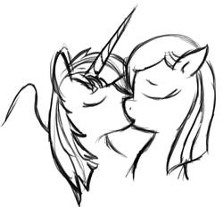 Size: 473x439 | Tagged: safe, derpibooru import, oc, oc only, oc:fausticorn, female, kissing, lauren faust, lesbian, meghan mccarthy, monochrome, staff shipping