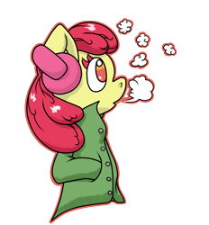 Size: 1109x1193 | Tagged: safe, artist:thepiplup, derpibooru import, apple bloom, anthro, breath, clothes, coat, earmuffs, solo, winter