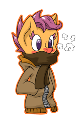 Size: 893x1329 | Tagged: safe, artist:thepiplup, derpibooru import, scootaloo, anthro, breath, clothes, coat, scarf, solo