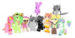 Size: 1024x522 | Tagged: safe, artist:jitterbug, derpibooru import, screwball, oc, oc:jitterbug, bat pony, classical unicorn, pegasus, pony, clothes, fangs, floral head wreath, glasses, horn ring, leonine tail, looking at you, prone, scarf, second life, smiling, upside down